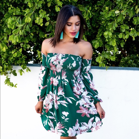 green floral off the shoulder dress